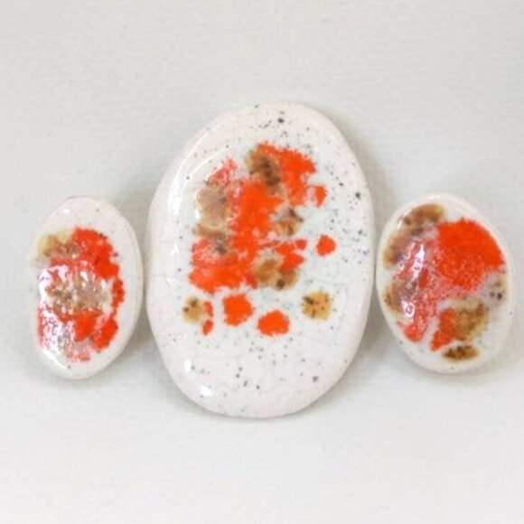 Vintage Handmade Ceramic Earrings Brooch Set 1970s Speckled Pottery Glaze Boho - Picture 3 of 11